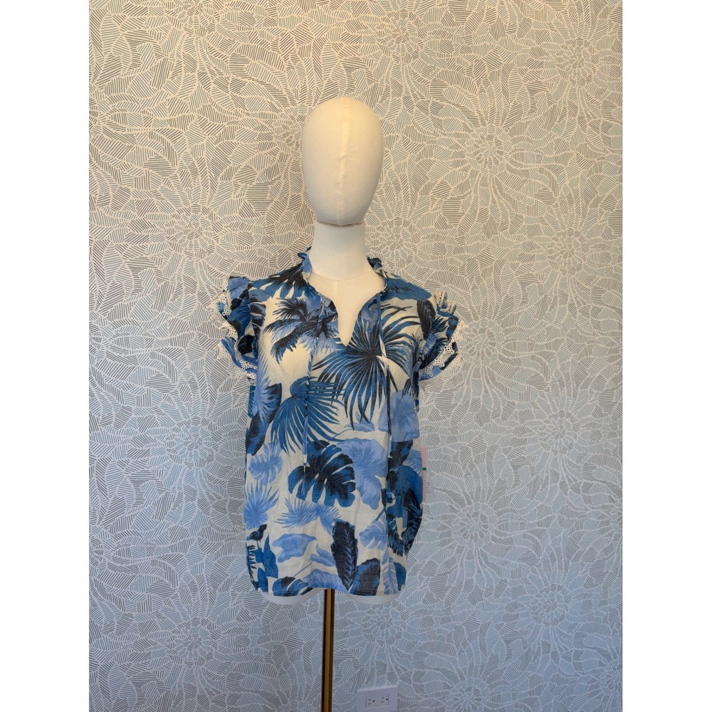NWT Nanette Lepore Tropical Blue Palm Flutter Sleeve Lace Trim Blouse Brunch! L